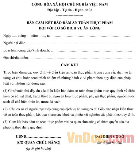 Mẫu bản cam kết bảo đảm an toàn thực phẩm đối với cơ sở dịch vụ ăn uống