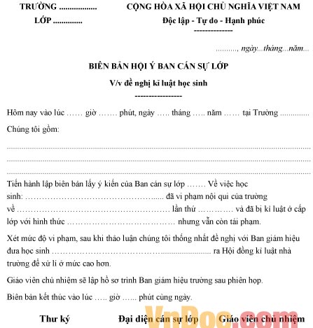 Mẫu biên bản hội ý ban cán sự lớp