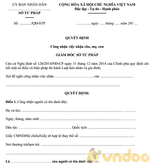 Mẫu quyết định công nhận việc nhận cha, mẹ, con