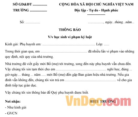 Mẫu thông báo về việc học sinh vi phạm kỷ luật