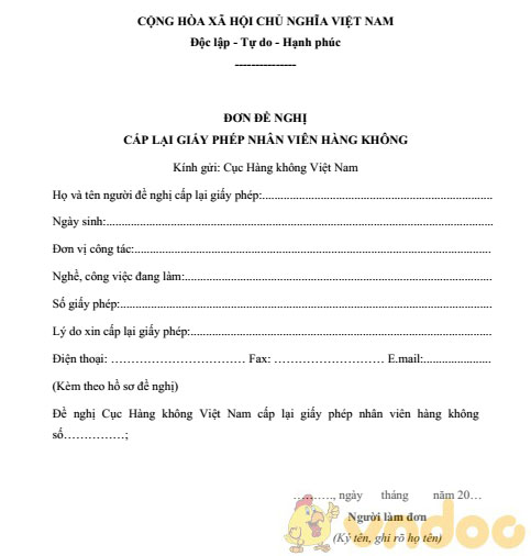 Đơn đề nghị cấp lại giấy phép nhân viên hàng không