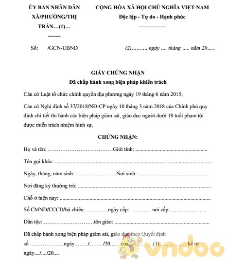 Giấy chứng nhận đã chấp hành xong biện pháp khiển trách