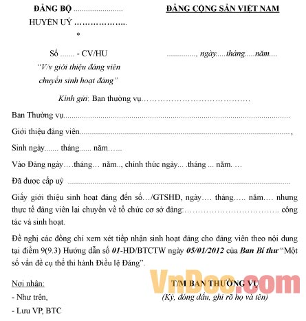 Mẫu công văn giới thiệu đảng viên do yêu cầu phải chuyển sinh hoạt đảng tiếp