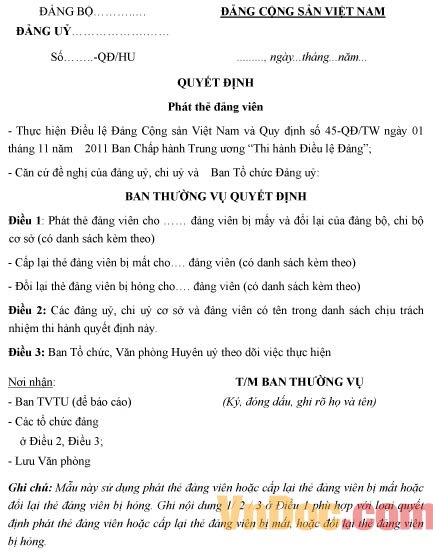 Mẫu quyết định phát thẻ đảng viên