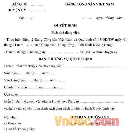 Mẫu quyết định phát thẻ đảng viên