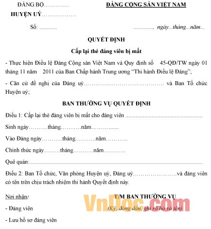 Mẫu quyết định cấp lại thẻ đảng viên bị mất