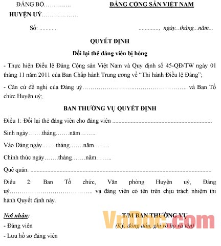 Mẫu quyết định đổi lại thẻ đảng viên bị hỏng