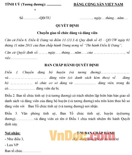 Mẫu quyết định chuyển giao tổ chức Đảng và Đảng viên