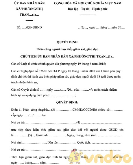 Mẫu quyết định phân công người trực tiếp giám sát, giáo dục
