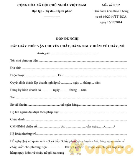 Đơn đề nghị cấp giấy phép vận chuyển chất, hàng nguy hiểm về cháy nổ