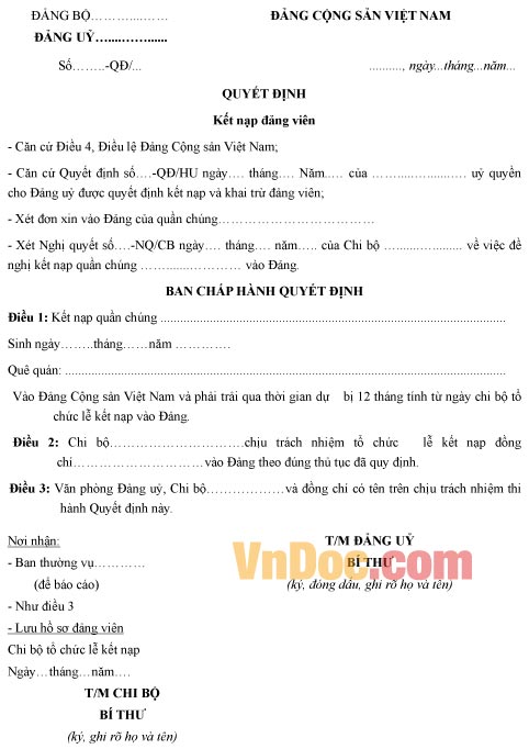 Mẫu quyết định kết nạp Đảng viên