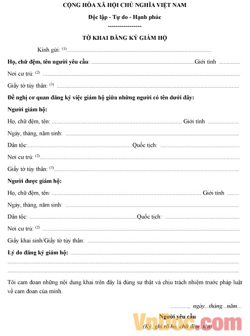 Mẫu tờ khai về việc đăng ký giám hộ