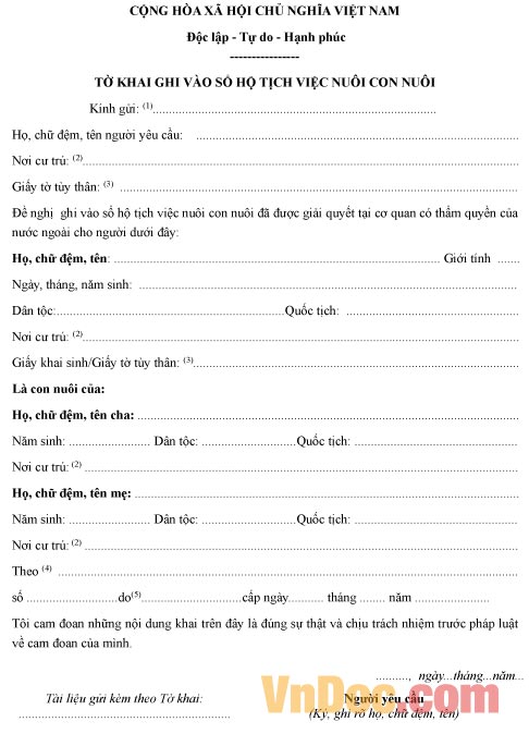 Mẫu tờ khai về việc ghi vào sổ hộ tich việc nuôi con nuôi