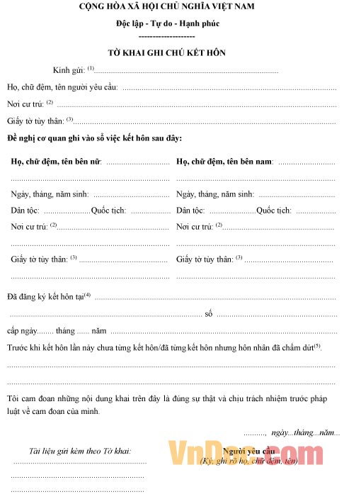 Mẫu tờ khai về việc ghi chú đăng ký kết hôn