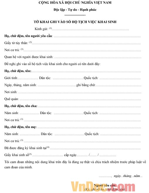 Mẫu tờ khai ghi vào sổ hộ tịch về việc khai sinh