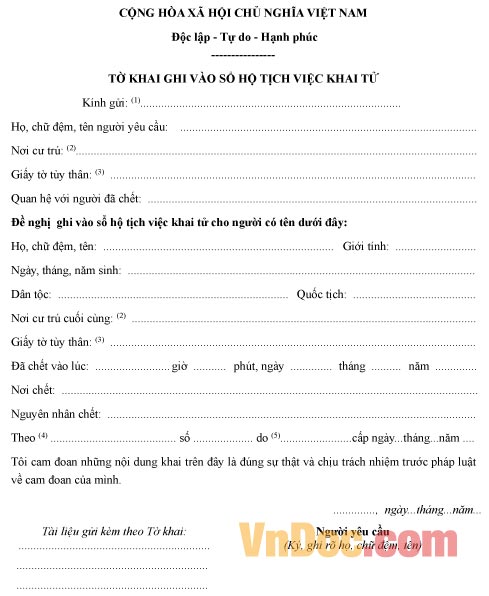 Mẫu tờ khai ghi vào sổ hộ tịch về việc khai tử