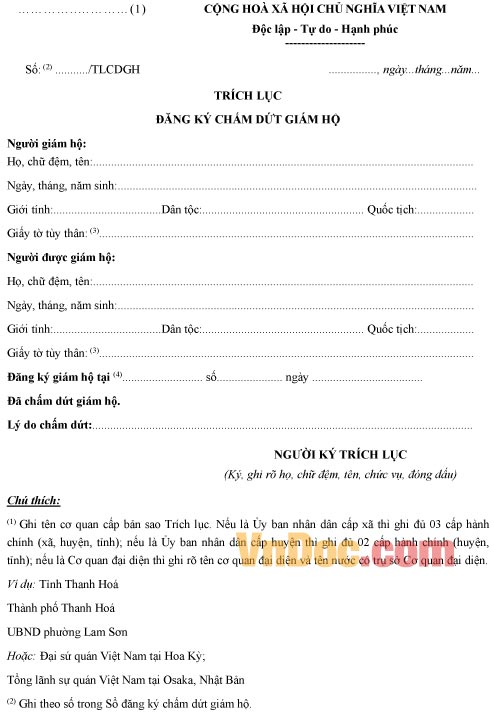 Mẫu trích lục đăng ký chấm dứt giám hộ