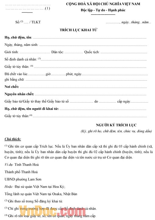 Mẫu trích lục khai tử