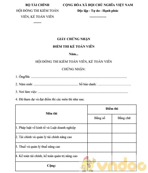 Giấy chứng nhận điểm thi kế toán viên