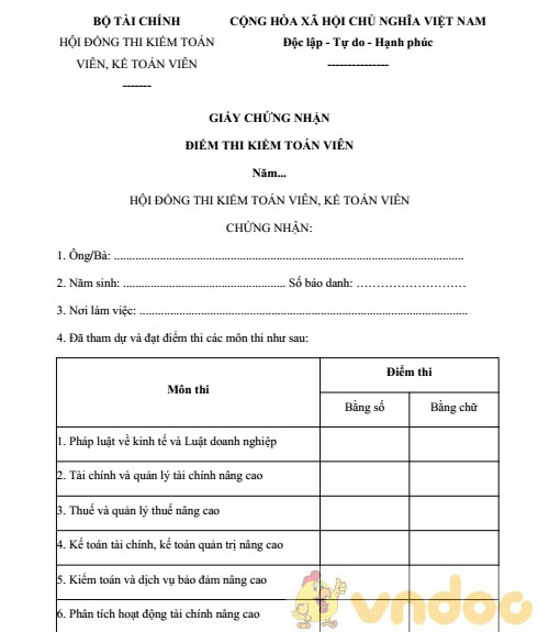 Giấy chứng nhận điểm thi kiểm toán viên