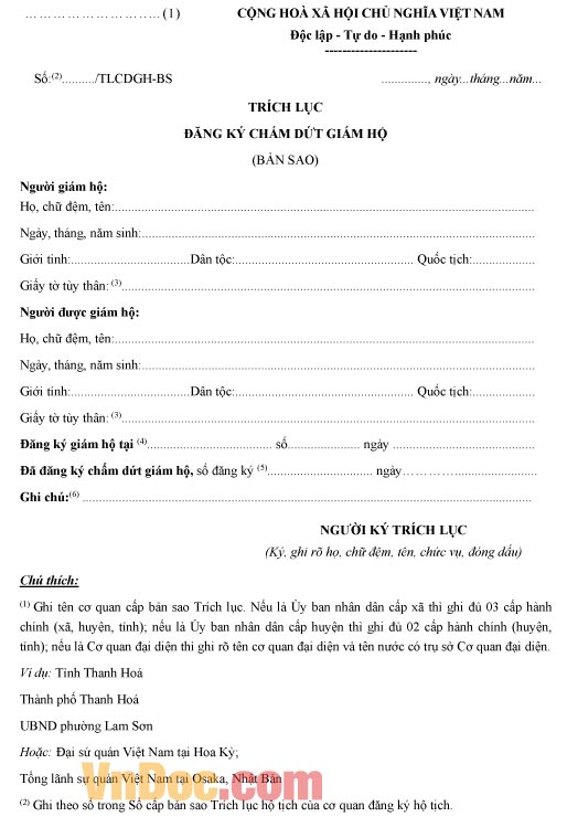 Mẫu trích lục đăng ký chấm dứt giám hộ