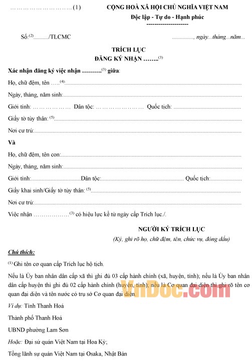 Mẫu trích lục đăng ký nhận cha, mẹ, con