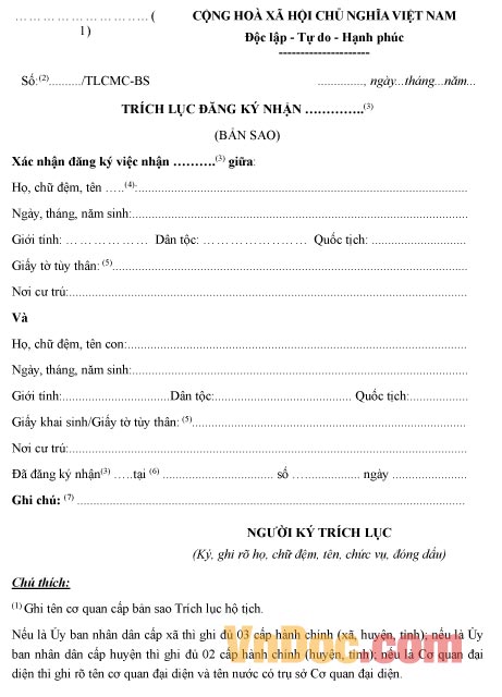 Mẫu trích lục đăng ký nhận cha, mẹ, con