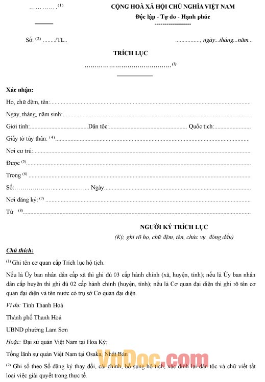 Mẫu trích lục đăng ký thay đổi cải chính, bổ sung hộ tịch