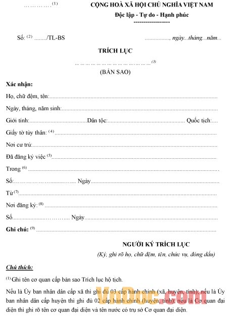 Mẫu trích lục đăng ký thay đổi cải chính, bổ sung hộ tịch