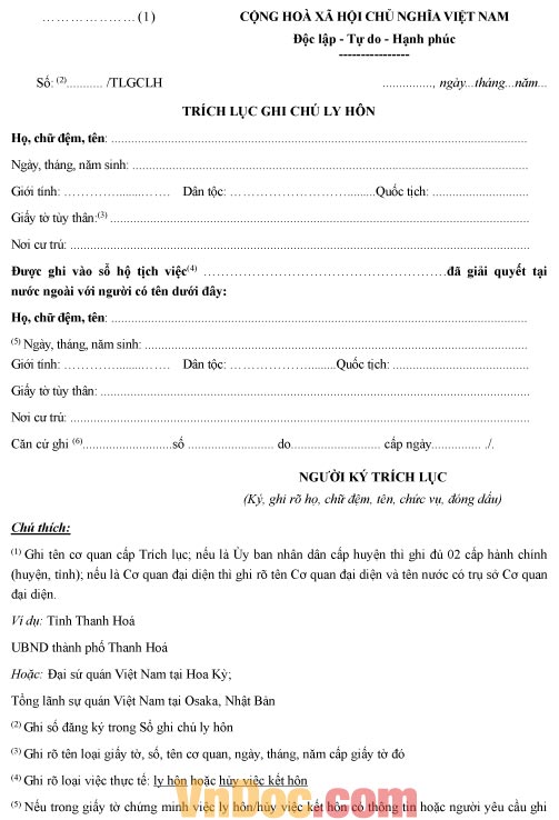 Mẫu trích lục ghi chú ly hôn