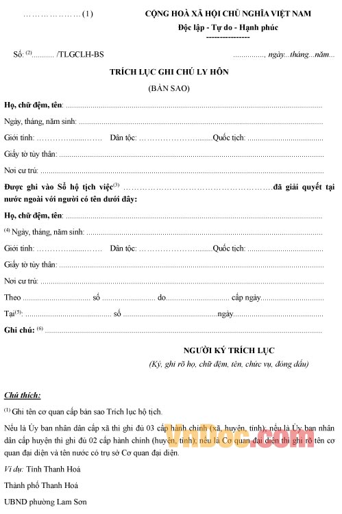 Mẫu trích lục ghi chú ly hôn