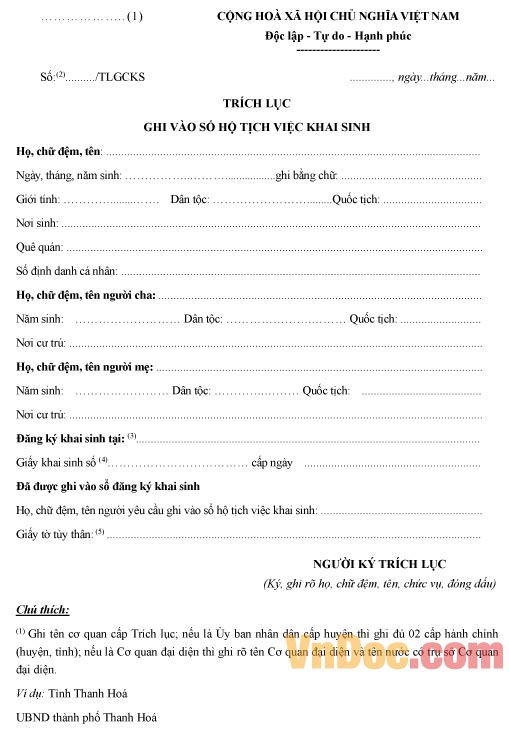 Mẫu trích lục ghi vào sổ hộ tịch việc khai sinh
