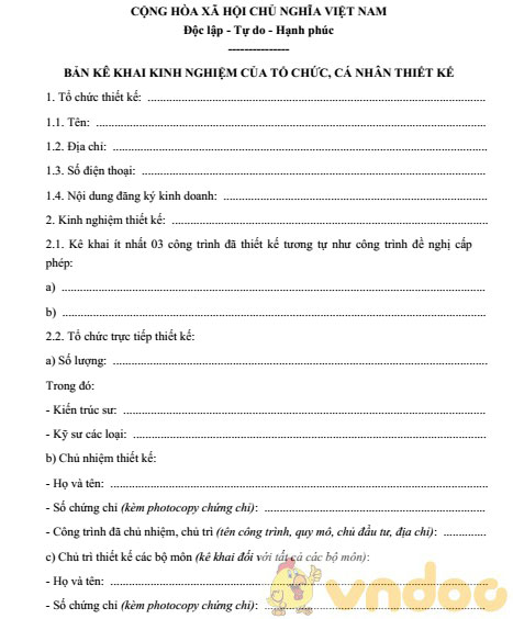 Bản kê khai kinh nghiệm của tổ chức, cá nhân thiết kế