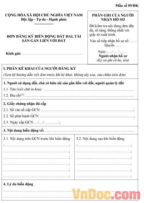 Mẫu đơn đăng ký biến động đất đai