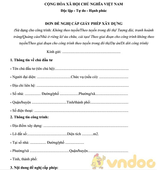 Đơn xin cấp giấy phép xây dựng