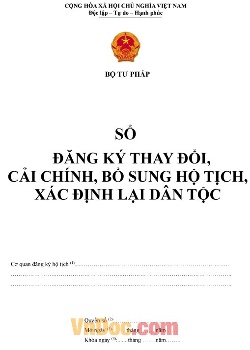 Mẫu sổ ghi chép đăng ký thay đổi, cải chính, bổ sung hộ tịch, xác định lại dân tộc
