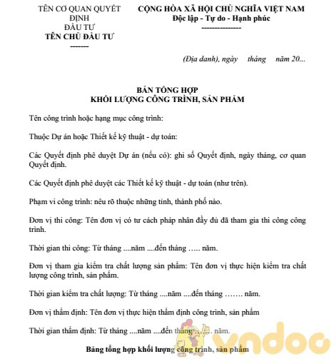 Bản tổng hợp khối lượng công trình, sản phẩm