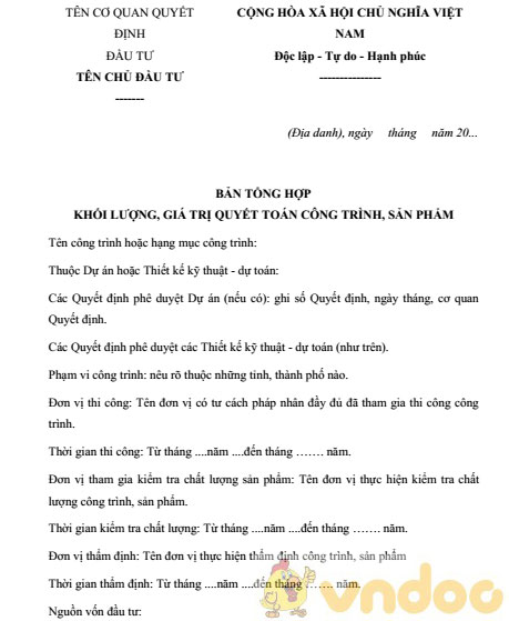 Bảng tổng hợp khối lượng, giá trị quyết toán của toàn bộ công trình, sản phẩm