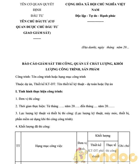 Báo cáo giám sát thi công, quản lý chất lượng công trình, sản phẩm