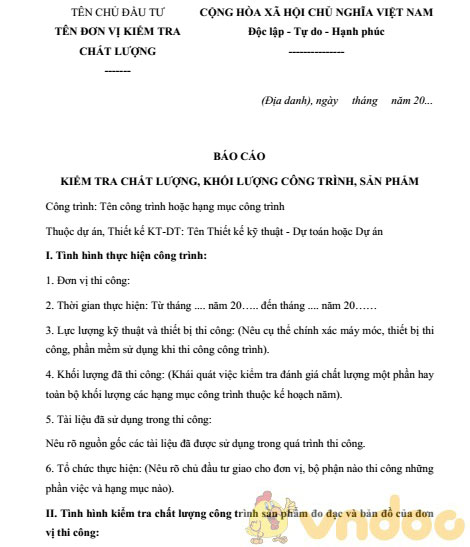 Báo cáo kiểm tra chất lượng, khối lượng công trình, sản phẩm