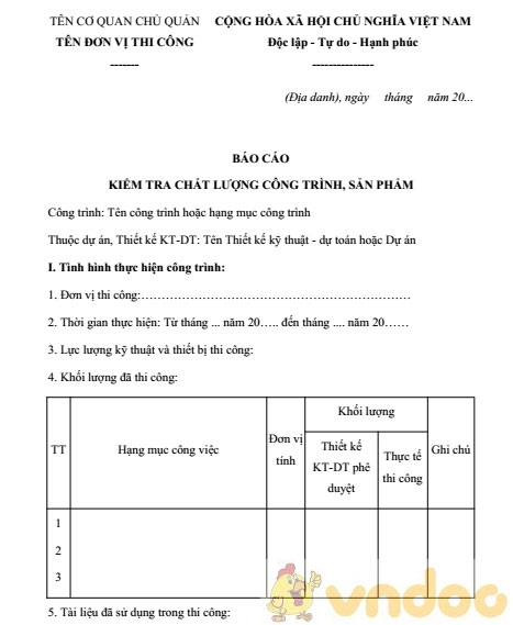 Mẫu báo cáo kiểm tra chất lượng công trình sản phẩm