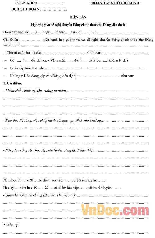 Mẫu biên bản ghi chép việc góp ý chuyển đảng chính thức dành cho chi đoàn