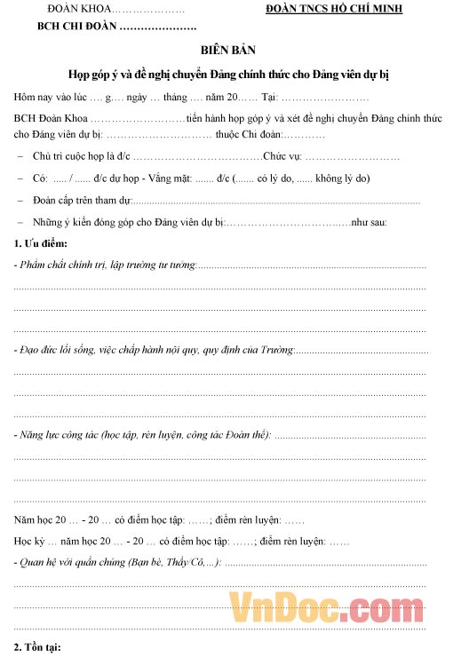 Mẫu biên bản ghi chép việc góp ý chuyển đảng chính thức dành cho đoàn khoa