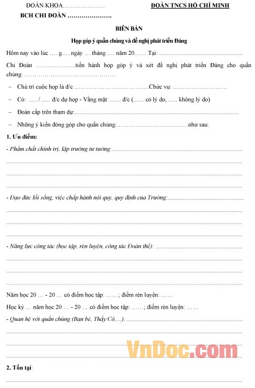 Mẫu biên bản về việc họp góp ý quần chúng và đề nghị phát triển Đảng