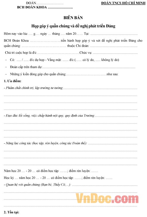 Mẫu biên bản ghi chép về việc phát triển đảng dùng cho đoàn khoa