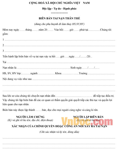 Mẫu biên bản về việc tai nạn thân thể