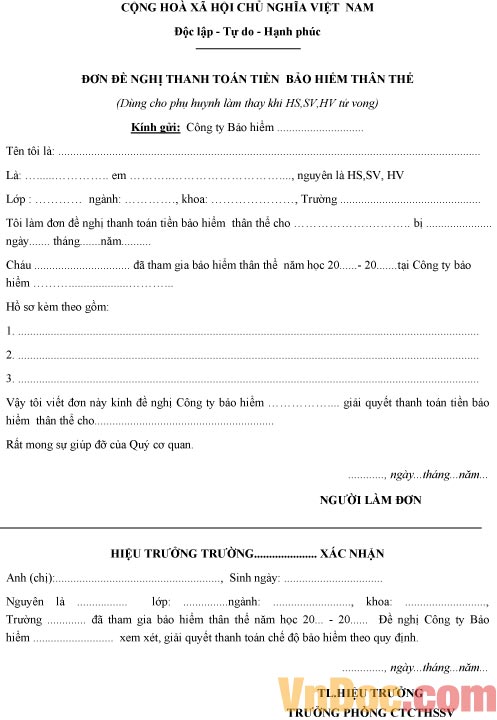 Mẫu đơn đề nghị về việc thanh toán tiền bảo hiểm thân thể