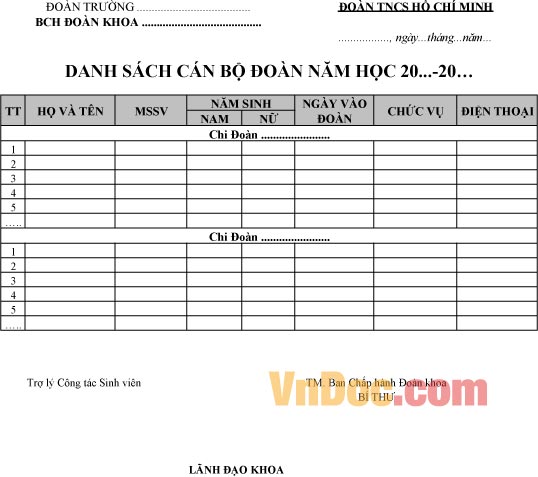 Mẫu danh sách cán bộ đoàn lâm thời