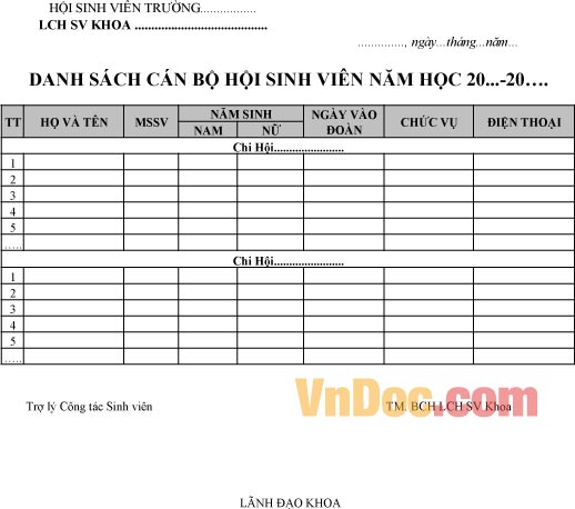 Mẫu danh sách cán bộ chi hội lâm thời