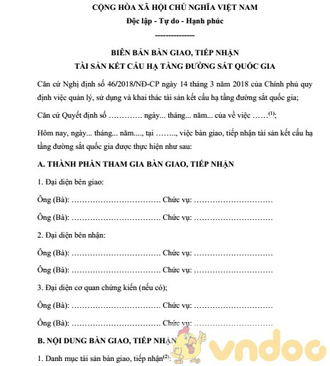 Biên bản bàn giao, tiếp nhận tài sản kết cấu hạ tầng đường sắt quốc gia